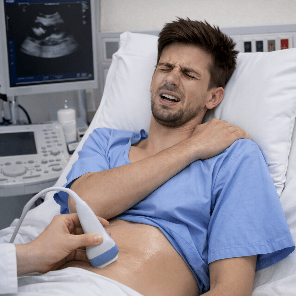 Young man in hospital gown holding his shoulder with a pained expression